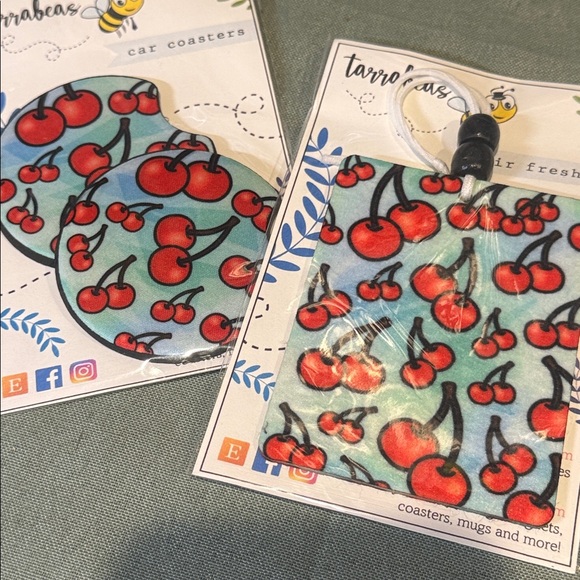 Other - Cool Cherries - Car Coasters 2pc + Unscented Air Freshie for your car